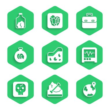 Zemin, arkeoloji, dünyadaki konum, sismograf, mineraller, kayalar, evrak çantası ve maden ikonu içeren sergi. Vektör