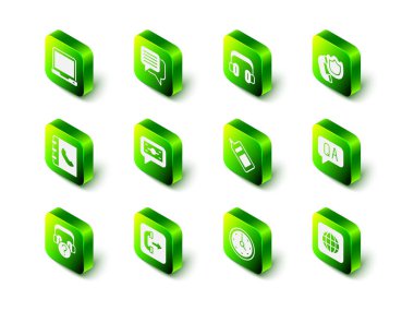 Konuşma balonu sohbetini, kulaklıkları, kalkanlı telefon ahizesini, Soru Yanıtı, Dünya çapında, cep telefonu, saat ve giden arama simgesini ayarlayın. Vektör