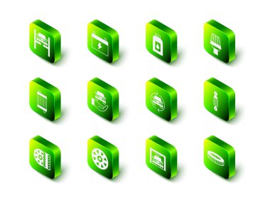 Araba aküsünü ayarla, motor yağı için teneke kutu, hava filtresi, şok emici, servis, yıkama ve alloy tekerlek araba ikonu. Vektör