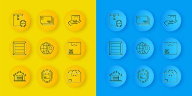 Depo, tahta kutu, dünyadaki konum, karton karton, trafik sembollü mukavva, zarf kalkanı, teslimat kutuları ve ikon. Vektör