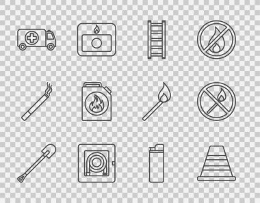 Ateş küreği, trafik konisi, kaçış, hortum dolabı, ambulans ve acil durum arabası, yanıcı sıvılar için tüp, ateş kibriti yok ikonu. Vektör