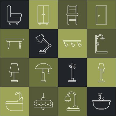 Su musluğu, zemin lambası, duş, sandalye, masa, ahşap masa, Kol sandalyesi ve yol lambaları ve lamba ikonu olan bir sıra hazırla. Vektör