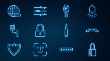 Hat şifreli kilit, Hırsız göz maskesi, uzaktan kumandalı araba anahtarı, kilit, güvenlik kamerası, sosyal ağ, kurşun ve dikenli tel ikonu. Vektör