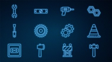Çekiç, trafik konisi, elektrikli matkap, testere bıçağı, tornavida, anahtarlık, şanzıman, şanzıman ve balon seviyesindeki simgeyi ayarla. Vektör
