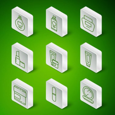 Makyaj tozunu ayna, tırnak törpüsü, parfüm, krem losyon kozmetik tüpü, ruj, saç spreyi için sprey kutusu ve ikon ile ayarla. Vektör