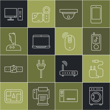 Çizgi Temizleyici, Şarj aleti, Müzik çalar, Hareket sensörü, Laptop, atari makinesi için Joystick, Bilgisayar monitörü ve kablosuz bilgisayar fare simgesi ayarla. Vektör