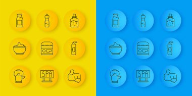 Kabzalı su ısıtıcısı, kaptaki deniz tuzu, krema ya da losyon tüpü, sabun köpüğü, saç spreyi için sprey kutusu, şişe sütü, spa ve su ikonu. Vektör