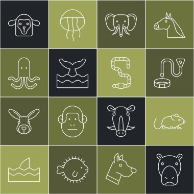 Hippo ya da Hippopotamus, Fare, Yakalı, Fil, Okyanus dalgasında Balina kuyruğu, Ahtapot, Koyun kafası ve Solucan ikonu. Vektör