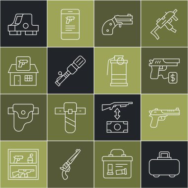 Çizgi silah çantası, Çöl Kartalı silahı, satın alma silahı, küçük tabanca, tanksavar el bombası, av silahı, Collimator görüş ve el dumanı ikonu. Vektör
