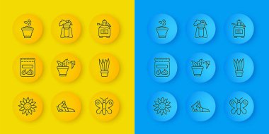 Sıra Çiçek, çiçek tohumu, sprey, kelebek, saksı, tohum kasesi, gübre için bahçe spreyi ve ayakta duran ikon. Vektör