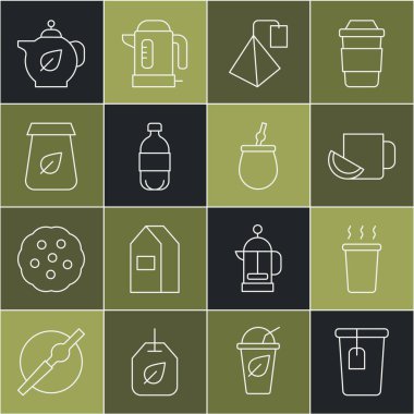 Çay poşeti, limon, çay, şişe suyu, ambalaj, çaydanlık yaprağı ve mat ikonu ile bardakları hazırlayın. Vektör