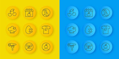 Sabit çizgi havuç, vegan gıda diyeti yumurta, elma, gömlek, taze böğürtlen, tavşan ve dünya vejetaryen günü ikonu. Vektör