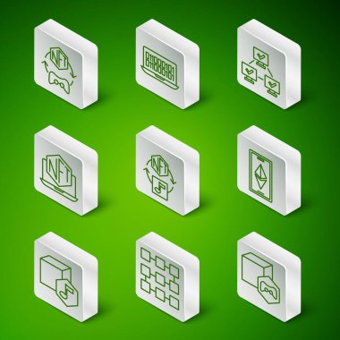 NFT dijital şifreleme sanatı, engelleme zinciri teknolojisi, depolama uygulamalı dizüstü bilgisayar, ikili kod ve Ethereum ETH simgesi ayarla. Vektör