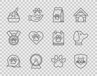 Paw baskısı, hayvan sağlığı sigortası, evcil hayvan için yiyecek çantası, hamster tekerleği, kürekli kedi kumu tepsisi, Kalp hayvanları ayak izi ve köpek ikonu. Vektör