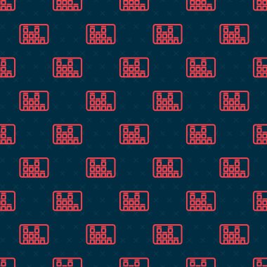 Kırmızı çizgi müzik eşitleyici simgesi siyah arkaplanda izole edilmiş kusursuz desen. Ses dalgası. Ses dijital dengeleyici teknolojisi, konsol paneli, nabız müzikali. Vektör.