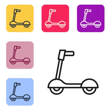 Beyaz arka planda izole edilmiş çocuk simgesi için siyah çizgili paten scooter. Motoru tekmele ya da dengeli sür. Renkli kare düğmelerle simgeleri ayarla. Vektör