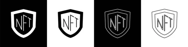 Establezca Icono Escudo Nft Aislado Fondo Blanco Negro Token Fungible — Vector de stock