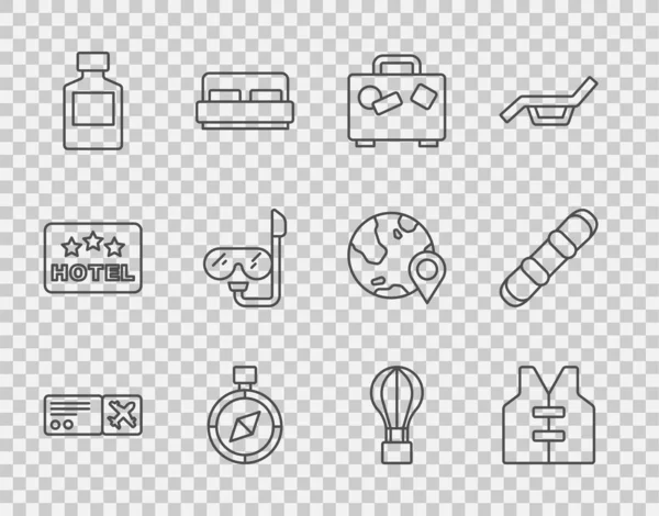セットライン航空券 ライフジャケット スーツケース コンパス ウィスキーボトル ダイビングマスクとシュノーケリング 熱気球とスノーボードのアイコン ベクトル — ストックベクタ
