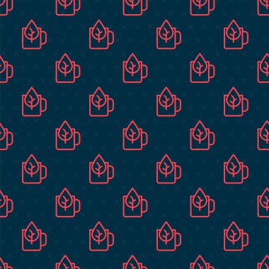 Kırmızı çay fincanı, yaprak simgesiyle siyah arka planda izole edilmiş, pürüzsüz desen. Tatlı doğal yemek. Vektör