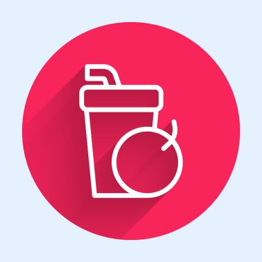 Beyaz çizgi Taze smoothie simgesi uzun gölge arkaplan izole. Kırmızı daire düğmesi. Vektör