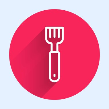Beyaz çizgi Fork simgesi uzun gölge arkaplanı ile izole edildi. Çatal bıçak sembolü. Kırmızı daire düğmesi. Vektör