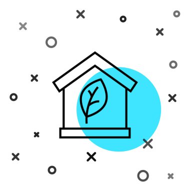 Siyah çizgi çevre dostu ev simgesi beyaz arka planda izole edildi. Yapraklı eko ev. Rastgele dinamik şekiller. Vektör