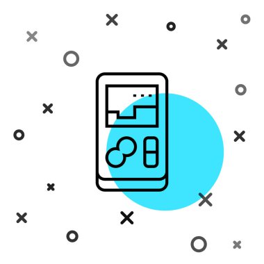 Siyah çizgi taşınabilir oyun konsolu simgesi beyaz arkaplanda izole edildi. El bilgisayarı oyun konsolu. Rastgele dinamik şekiller. Vektör