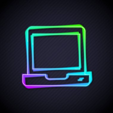 Parlayan neon hattı dizüstü bilgisayar simgesi siyah arkaplanda izole edildi. Boş ekran işaretli bilgisayar defteri. Vektör