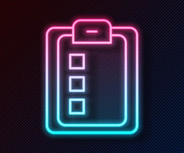Parlayan neon hattı Siyah arkaplanda izole edilmiş test, inceleme ya da kontrol listesi simgesi. Sınav listesi. E-eğitim konsepti. Vektör