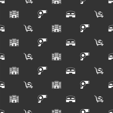 Otel odası yatağı, tramvay bavulu, bina ve saç kurutma makinesini kusursuz şekilde ayarla. Vektör