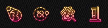 Mikroorganizmaları büyüteç, Dünya küresi, atom ve deney tüpü altında hazır hale getirin. Parlayan neon ikonu. Vektör