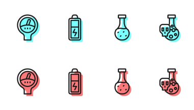 Hat hattı test tüpü, ölçü ölçeği, pil ve zehirli sıvı ikonu ayarla. Vektör