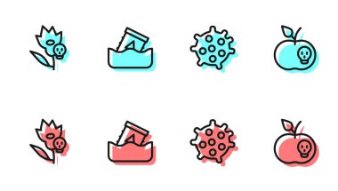 Bakteri, zehirli çiçek, fıçı ve elma ikonunda radyoaktif atık. Vektör