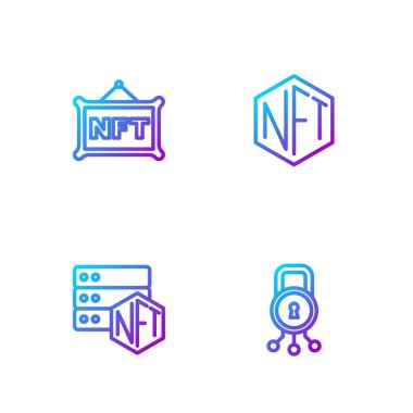 Siber güvenliği, NFT engelleme teknolojisi, dijital şifreleme sanatı ve... Renk simgeleri. Vektör