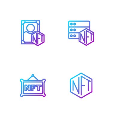 NFT dijital şifreleme sanatı ve engelleme zinciri teknolojisini ayarla. Renk simgeleri. Vektör