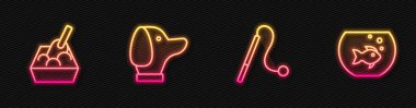 Sabit çizgi kedi oyuncağı, kürekle kedi kumu tepsisi köpek ve akvaryum balığı. Parlayan neon ikonu. Vektör