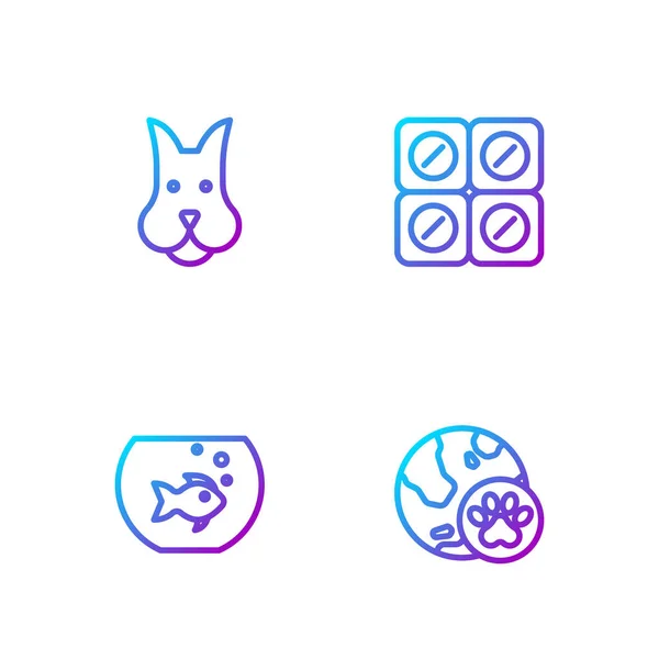 Set Line Mundo Mascotas Acuario Con Peces Perro Píldora Iconos — Vector de stock