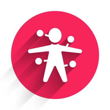 Beyaz Voodoo bebek ikonu uzun gölgeli izole edilmiş. Kırmızı daire düğmesi. Vektör.