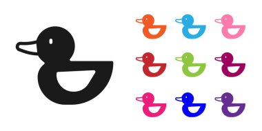 Beyaz arkaplanda siyah plastik ördek ikonu var. Simgeleri renklendirin. Vektör