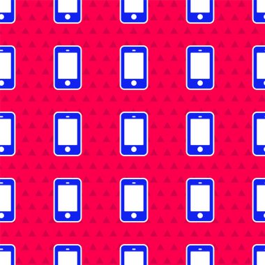 Mavi Akıllı Telefon, cep telefonu simgesi kırmızı arka planda izole edilmiş kusursuz desen. Vektör