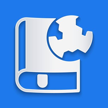 Kağıt kesiği Dünya küresi ve kitap ikonu mavi arka planda izole edilmiş. Dünya ya da Dünya işareti. Küresel internet sembolü. Geometrik şekiller. Kağıt sanatı tarzı. Vektör