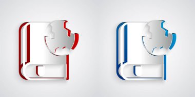 Kağıt Dünya 'yı kesti ve gri arka planda kitap ikonu izole edildi. Dünya ya da Dünya işareti. Küresel internet sembolü. Geometrik şekiller. Kağıt sanatı tarzı. Vektör