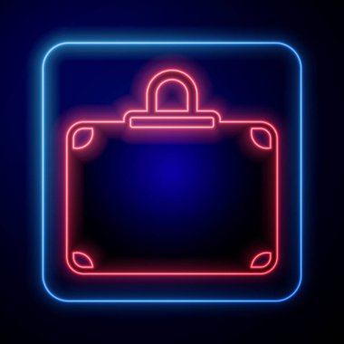 Seyahat simgesi için parlayan neon bavul siyah arkaplanda izole edildi. Seyahat bagaj tabelası. Seyahat bagaj ikonu. Vektör