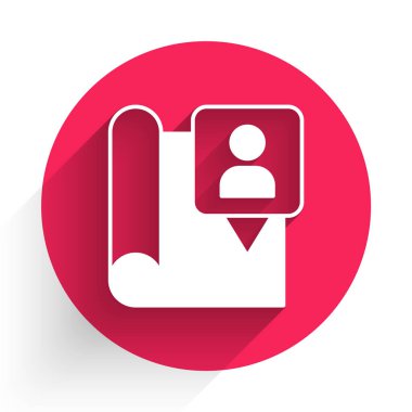 Konum imleci simgesine sahip beyaz katlı harita uzun gölge arkaplanı ile izole edildi. Kırmızı daire düğmesi. Vektör