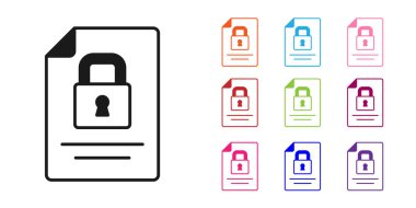 Siyah Belge ve kilit simgesi beyaz arkaplanda izole edildi. Dosya biçimi ve asma kilit. Güvenlik, güvenlik, koruma kavramı. Simgeleri renklendirin. Vektör