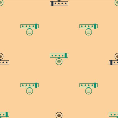 İsim etiketi simgesine sahip yeşil ve siyah yakalı. Bej arkaplanda kusursuz desen var. Evcil hayvanlar için basit malzemeler. Kedi köpek bakımı. Evcil hayvan zincirleri. Vektör