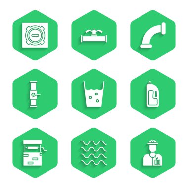 Cam 'i su, dalga, boru, konteynır temizleyicisi, boru ve vanayla, metalik ve lağım kapağı ikonu ile ayarla. Vektör