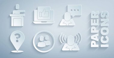 Proje ekibi tabanı, konuşma balonu sohbeti, soru işareti, kafa avı, El beğenme ve Sözcü simgesi oluşturun. Vektör