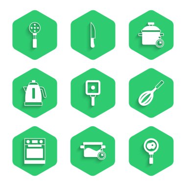 Kızartma tavası, pişirme kabı, kızartmada kızarmış yumurta, mutfak çırpısı, fırın, elektrikli su ısıtıcısı ve Spatula ikonu. Vektör