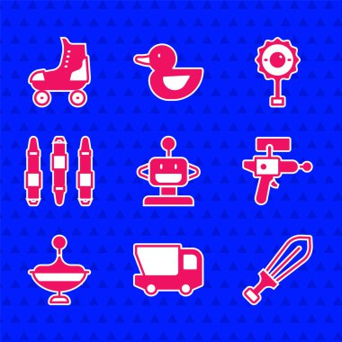Robot oyuncakları, oyuncak kamyonlar, kılıç, ışın tabancası, fırıldak, keçeli kalem, çıngıraklı bebek ve paten ikonu. Vektör